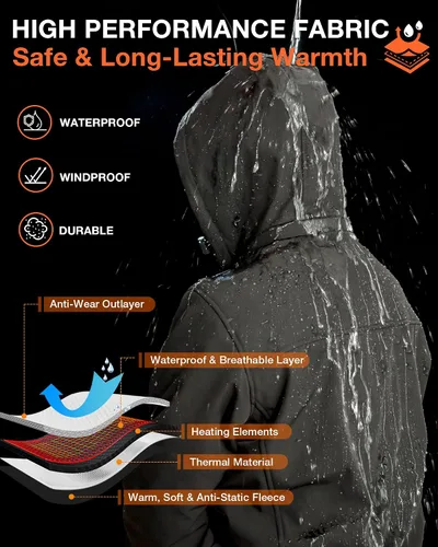 Vista 5 de ARRIS Mens Heated Jacket, Electric Heating Coat with 7.4V Battery and Detachable Hood - Waterproof, 8 Heating Areas