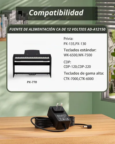 Vista 4 de VHBW Adaptador de CA de 12 V AD-A12150LW compatible con cable de alimentación Casio Privia compatible con teclados Casio PX-130, PX-330, PX-3