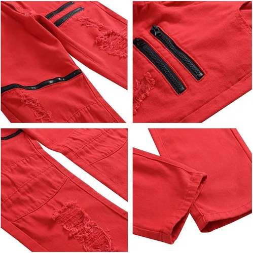Vista 4 de LONGBIDA Jeans ajustados rasgados para hombre, elásticos, ajustados, con agujeros de moda