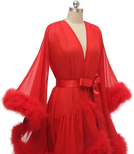 Vista 4 de Changuan Bata de novia de plumas sexy bufanda de boda ilusión camisón bata de baño transparente ropa de dormir