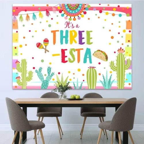 Vista 5 de Telón de fondo mexicano de tercer cumpleaños de 7 x 5 pies, decoración de fiesta blanca para fiesta de 3 esta, fondo de fotografía de niña