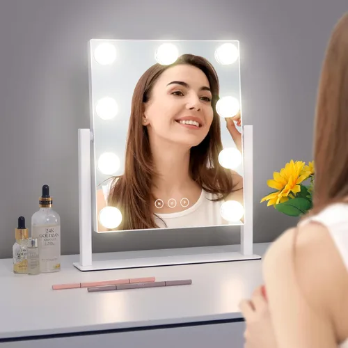 Vista 7 de Acoolda Espejo de tocador con luces, espejo de maquillaje Hollywood con 9 bombillas LED regulables, 3 modos de iluminación de color, aumento