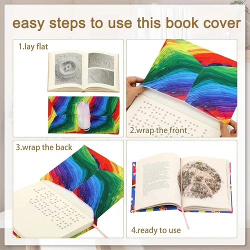 Vista 6 de Teling Paquete de 9 fundas elásticas para libros, fundas de tela jumbo para libros de texto de tapa dura, reutilizables, lavables, suministros