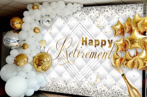 Vista 4 de SENDY Telón de fondo de feliz jubilación de 7 x 5 pies con purpurina de diamante dorado plateado para decoración de fiesta, felicitaciones