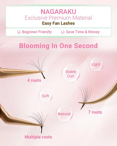 Vista 5 de NAGARAKU Easy Fan - Extensiones de pestañas con volumen, 0.07 D 0.354 in, negro mate Soft Faux Mink PBT Fiber, Rapid Self Blooming Fans 2D-20D