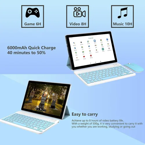 Vista 8 de Tablet 2 en 1 con estuche de teclado, ratón y stylus, tablet de 10 pulgadas Android 14 Tablets PC, 6GB RAM+32GB ROM compatible con 1TB expandible