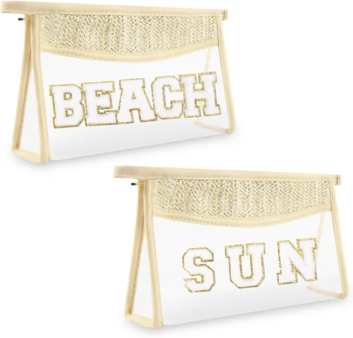 Vista 8 de Iqimott 2 bolsas de maquillaje con parches transparentes, bolsa de letras boho para nadar en la playa, bolsas de maquillaje impermeables