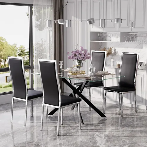 Vista 56 de Juego de mesa de comedor de cristal dorado moderno de 63 pulgadas para 6, juego de mesa de cocina rectangular de 7 piezas con patas de acero Negro