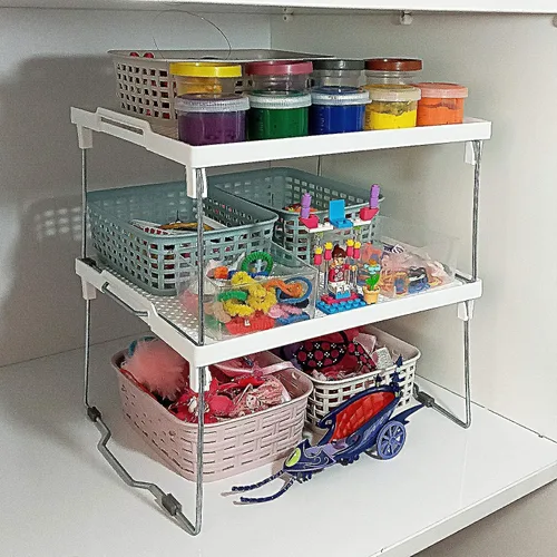 Vista 9 de ums Organizador de gabinete de cocina, estante apilable para congelador, organizador de caja de armario, estante elevador de estante, estante