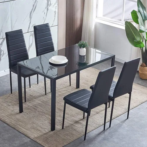 Vista 7 de Juego de 4 mesas de comedor y sillas negras modernas de 5 piezas para cocina pequeña, mesa rectangular de vidrio templado y 4 sillas de piel