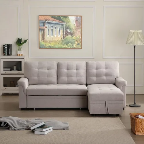 Vista 2 de Sofá modular modular de poliéster de 3 plazas, sofá modular reversible con almohada, sofá en forma de L, sofá convertible para sala de estar Beige