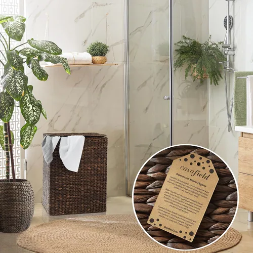 Vista 2 de Casafield Cesto grande para ropa sucia con tapa y bolsa extraíble – marrón oscuro expreso, jacinto de agua tejido rectangular, cesta clasificadora