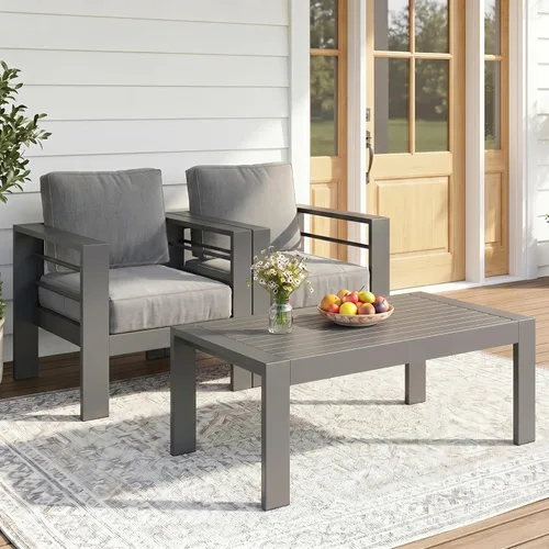 Vista 9 de Solaste Sofá de aluminio para patio con mesa auxiliar, juego de 3 muebles de patio con cojines, sofá de exterior para todo tipo de clima