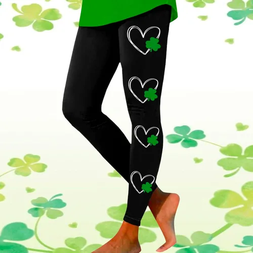 Vista 2 de soighxzc Leggings del día de San Patricio para mujer, con hojas de trébol, pantalones verdes, ajustados, con control de abdomen, pantalones de yoga