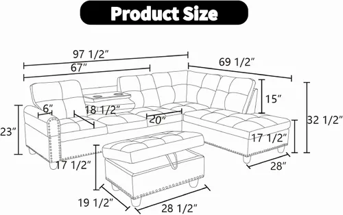 Vista 2 de GlasFlength Juego de sofás seccionales para sala de estar, juego de sofá modular convertible de 4 asientos con soporte para tazas, sofás