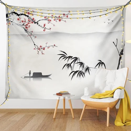Vista 9 de Ambesonne Tapiz vintage, pintura de paisaje acuático chino, impresión artística nostálgica, concepto de acuarela nostálgica, colgante de pared ancho