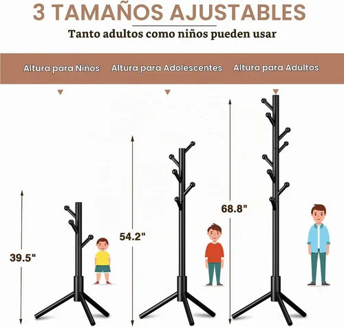 Vista 7 de Perchero de abrigos, Perchero de pie independiente con 8 ganchos, 3 alturas ajustables para ropa, sombreros, bolsos, árbol de abrigos de fácil Negro