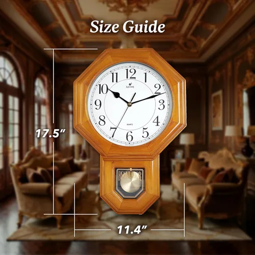 Vista 2 de JUSTIME - Reloj de pared con péndulo de madera maciza de 17.5 pulgadas, campanilla de Westminster Hourly Westminster Melody, Traditional