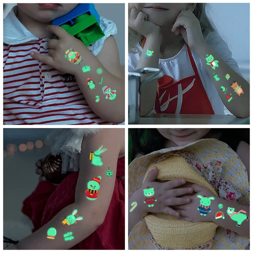 Vista 4 de Tatuajes de Navidad para niños, tatuajes temporales luminosos, 400 calcomanías impermeables de Navidad, tatuajes falsos que brillan en la oscuridad