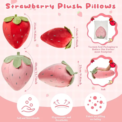 Vista 2 de Juexica 2 piezas de almohada de fresa de 15.7 pulgadas 9.8 pulgadas, almohada de felpa de fruta, suave decoración de dormitorio de fresa kawaii