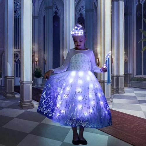 Vista 2 de QooGoo Vestido de princesa para niñas, con luz LED, vestidos elegantes