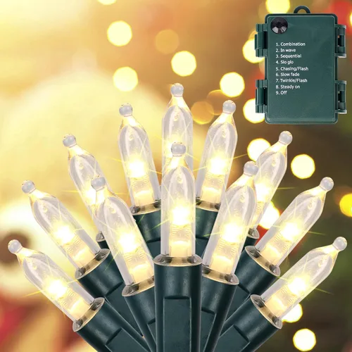 Vista 9 de Blissun Luces de Navidad, juego de 50 luces de alambre verde, mini cadena de luces de Navidad a pilas con 8 modos, luces de hadas de 16 pies