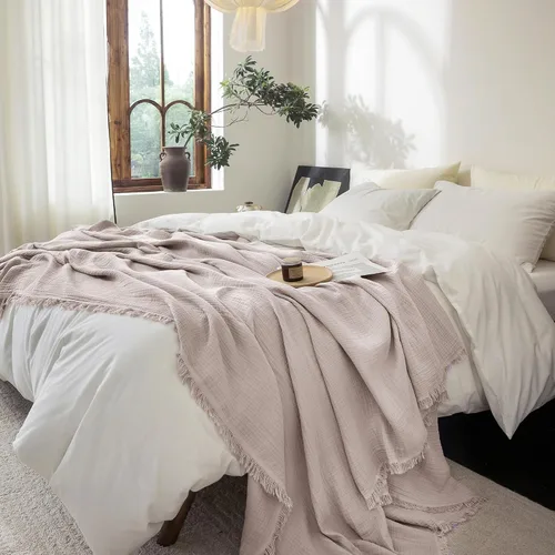 Vista 14 de FOSSA Manta de Muselina con Flecos - Gasa de Algodón 100% de 4 Capas Súper Suave y Transpirable - Manta Decorativa Ligera y Refrescante para Cama