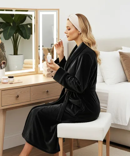 Vista 6 de NY Threads - Bata de baño de lujo para mujer, bata larga de forro polar suave y esponjosa para mujer Negro