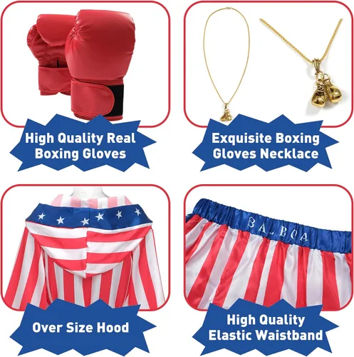 Vista 4 de Regenboog Disfraz de boxeo de bandera estadounidense para hombres y mujeres, disfraz de Balboa Rocky para adultos, cinturón de satén, guantes