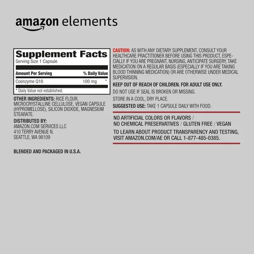 Vista 2 de Amazon Elements - CoQ10 100 mg, Vegano, Producción Normal de Energía, Apoya la Salud Cardiovascular - Suministro de 2 Meses (60 Cápsulas)