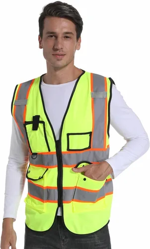Vista 6 de Chaleco Reflectante Clase 2 de Seguridad ANSI con Bolsillos y Cremallera de Alta Visibilidad Uniforme de Construcción D-amarillo-1pack-personalizado