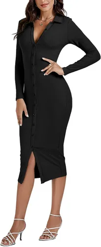 Vista 3 de LYANER Vestido midi ajustado de manga larga con cuello en V y cuello en V para mujer