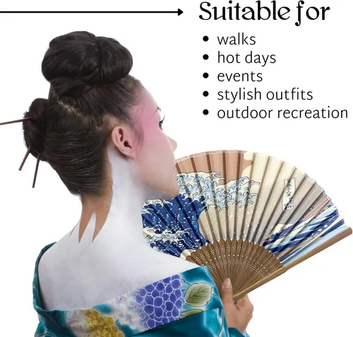 Vista 4 de Ventilador de mano plegable para mujer, de madera, plegable, de bambú, para mujer, accesorios de seda de papel plegable para bodas, decoración china