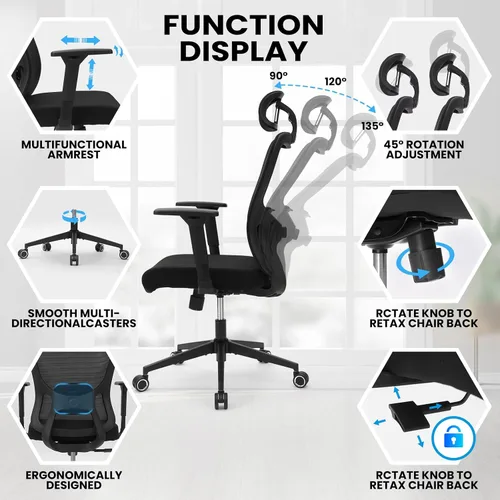Vista 6 de Silla ergonómica de oficina de escritorio, silla de computadora de respaldo alto con reposabrazos giratorios 3D ajustables para mayor comodidad