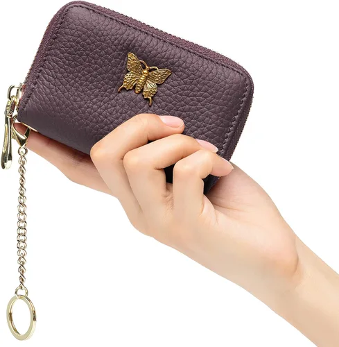 Vista 7 de imeetu Portatarjetas de crédito RFID para mujer, pequeña cartera de cuero con cremallera con llavero extraíble, púrpura café, S, Cartera
