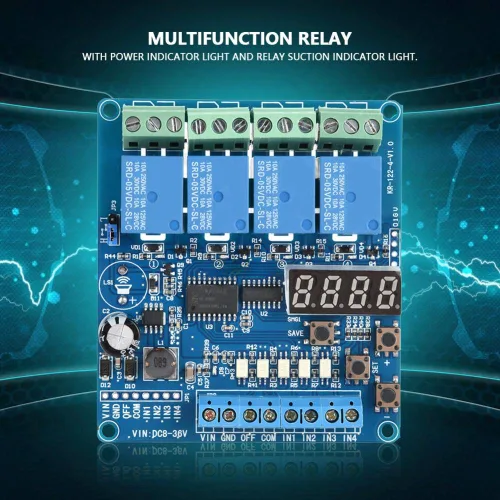 Vista 6 de Módulo de relé de tiempo multifunción, placa de interfaz de relé de tiempo de retardo multifunción de 4 canales 8-36V, módulo de optoacoplado LED