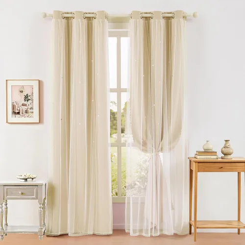 Vista 27 de indistar Cortinas opacas con recortes de estrellas para dormitorio de niña, cortinas de oscurecimiento para habitación de bebé, cortinas