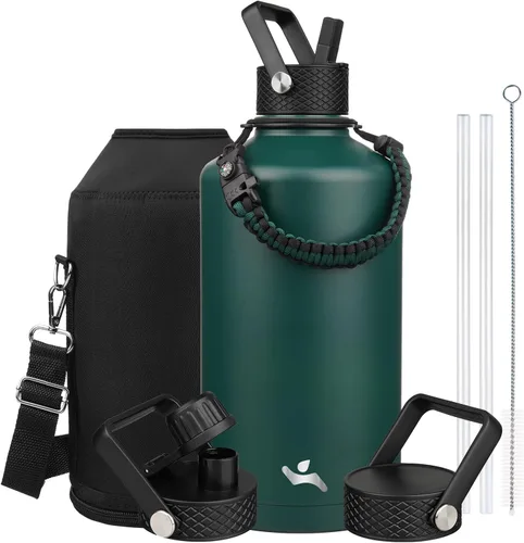 Vista 131 de Konokyo - Botella de agua aislada de 18 onzas, botellas deportivas de acero inoxidable con 3 tapas, verde militar