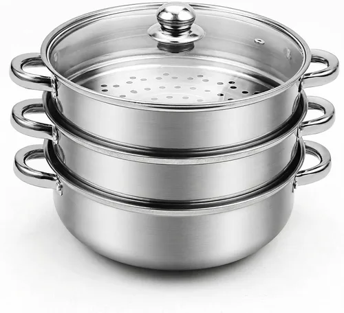 Vista 8 de AuFranc® olla de 4 cuartos de acero inoxidable 18/10 de tres capas con tapa de vidrio templado y vaporera, olla a vapor multiusos compatible
