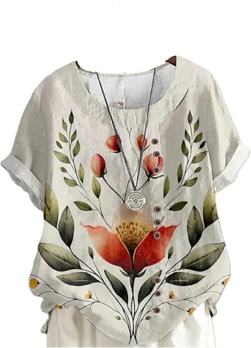 Vista 18 de domirica Camisetas de verano para mujer 2024 con estampado de flores, algodón, lino, manga corta, cuello redondo, camisas casuales de moda