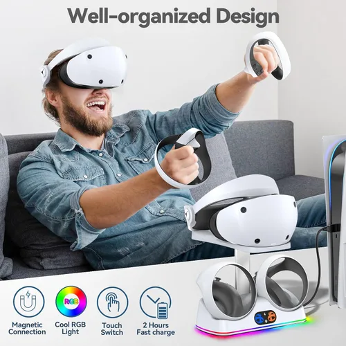 Vista 7 de Estación de carga PSVR 2 con luz RGB, PSVR 2 accesorios base de carga y pantalla de auriculares PSVR2, soporte PSVR 2 con interruptor táctil