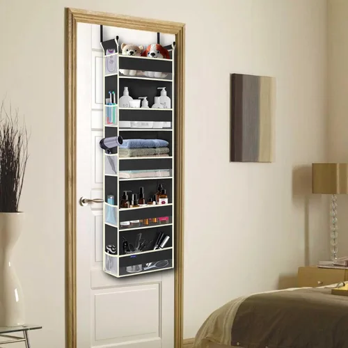 Vista 2 de Organizador para colgar sobre la puerta, 5 estantes y 10 bolsillos laterales, almacenamiento sobre la puerta para baño y dormitorio, organizadores