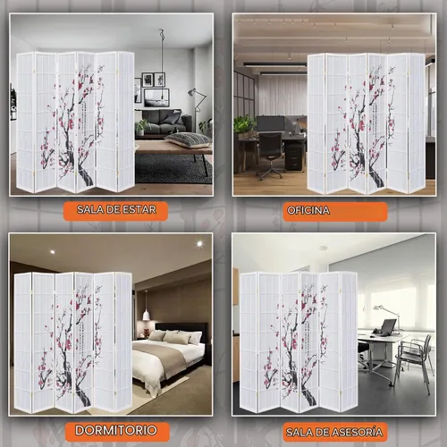 Vista 6 de Legacy Decor Biombo de 4 paneles para habitación con diseño de ciruelo en flor. Negro