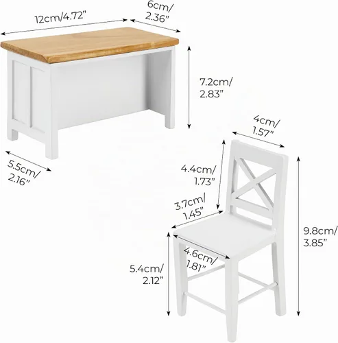 Vista 2 de Juego de sillas de mesa de comedor con islas de cocina de casa de muñecas 1/12 – Cocina en miniatura con taburetes, muebles de madera modernos
