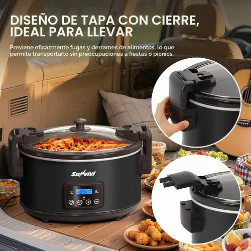 Vista 5 de Sunvivi Olla de cocción lenta programable de 8.5 cuartos de galón: calentador de alimentos multicocina con tapa de bloqueo y temporizador digital