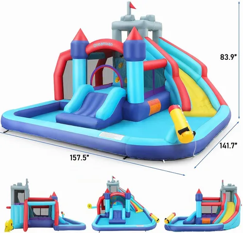 Vista 4 de AKEYDIY Toboganes acuáticos inflables, estilo castillo, parque acuático inflable al aire libre con escalada, borde de baloncesto, piscina
