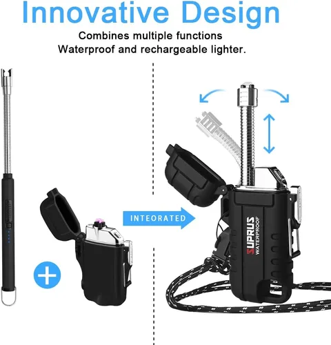 Vista 7 de SUPRUS Encendedor impermeable a prueba de viento Encendedor de arco Encendedor de plasma Encendedores recargables USB-C con cuello expandible y Negro