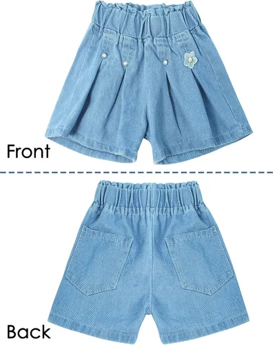 Vista 4 de Happy Cherry Pantalones cortos de mezclilla de verano para niña, pierna ancha, lindos pantalones de enfriamiento de 1-13 años