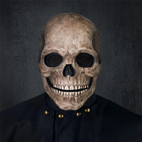 Vista 5 de RRANYF Máscara espeluznante de calavera de cabeza completa de Halloween con mandíbula móvil, casco de látex realista para adultos, esqueleto