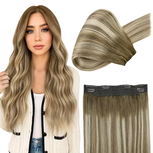 Vista 48 de Fshine - Extensiones de cabello con hilo invisible de 12 pulgadas, color rubio ceniza con reflejos de rubio decolorado, pieza de cabello humano real